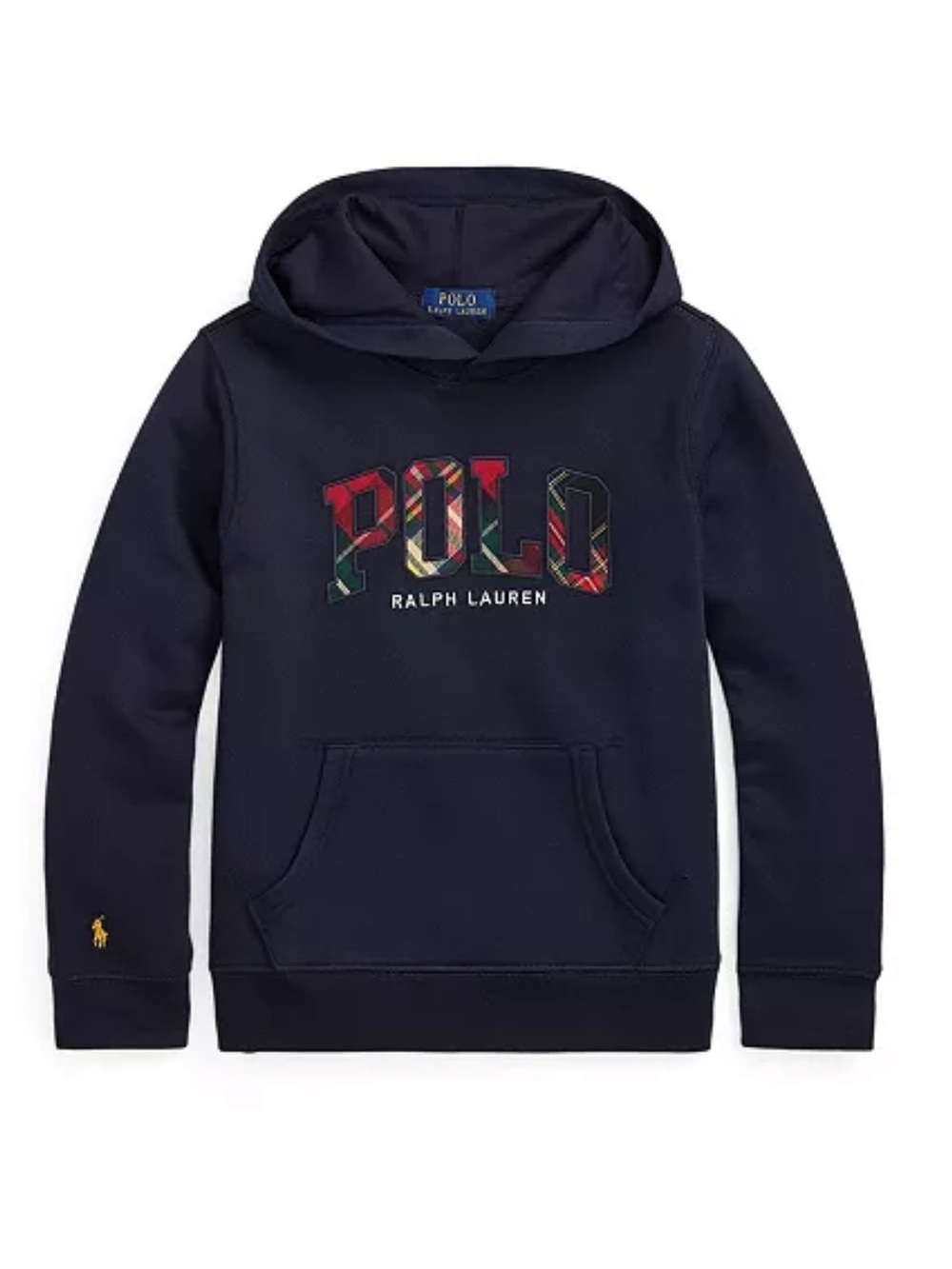 Polo Ralph Lauren || Boys Plaid Logo Fleece Hoodie Sweatshirt Spell Out Navy 7